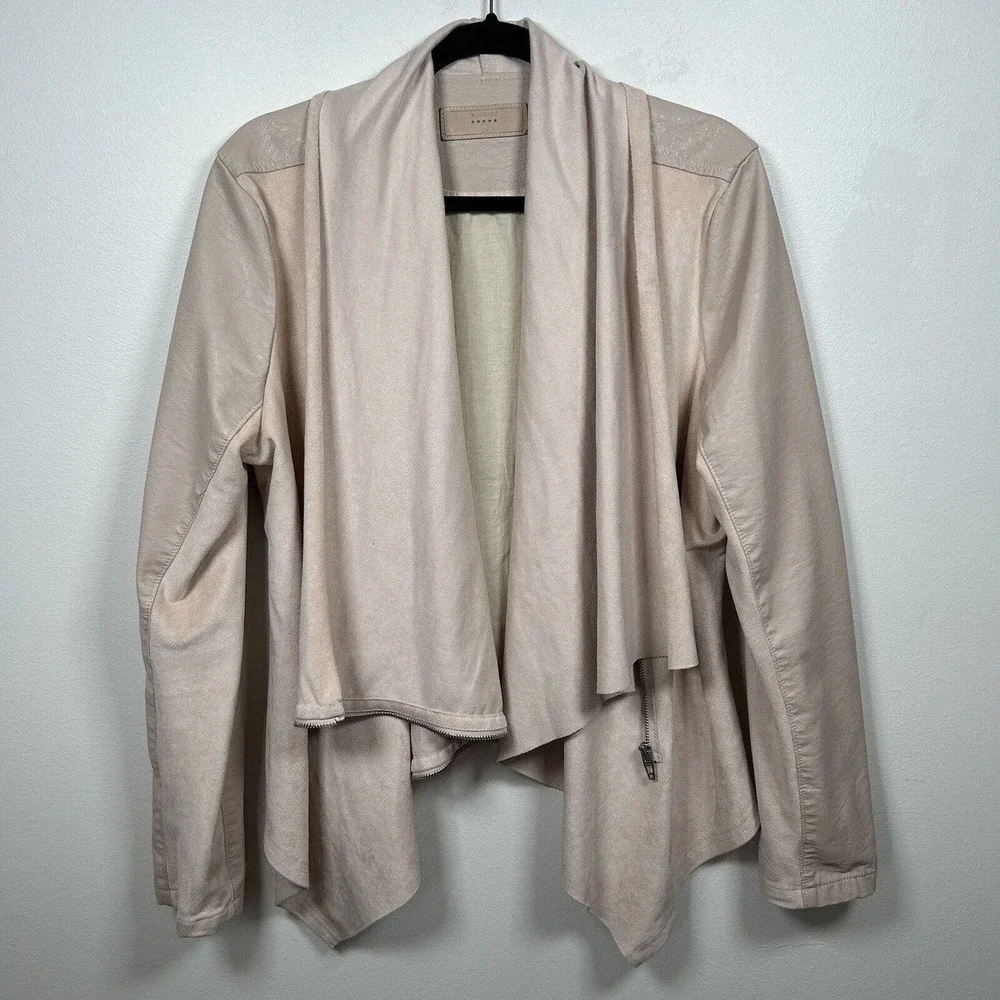 Blank NYC Mixed Media Faux Leather Draped Open Front Cardigan Jacket Size Large - Picture 2 of 8